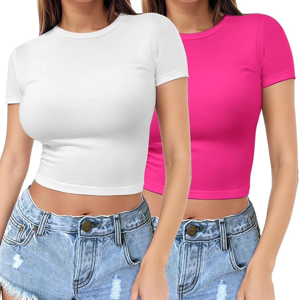 2 Piece Womens Short Sleeve Crop Top Crew Neck Y2K Shirt Sexy Slim Fitted Casual Base Layer Soft ... | Amazon (US)
