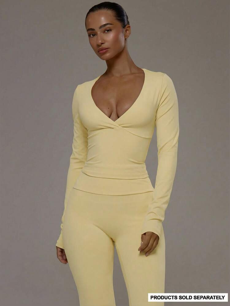 Musera Sport Wrap Front V-Neckline Doule Layered Long Sleeve Active Top Only Sport Workout Gym Pilates Fitness Daily Casual Butter Yellow Lemon | SHEIN