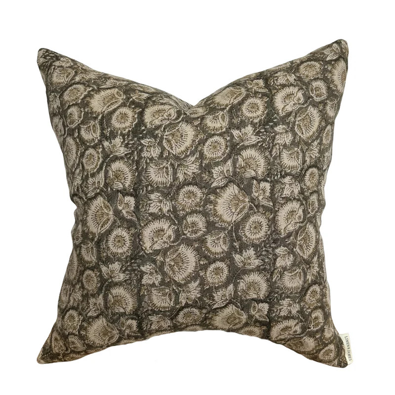 Jordan | Charcoal Tan Floral Handblock Pillow Cover | Linen and James