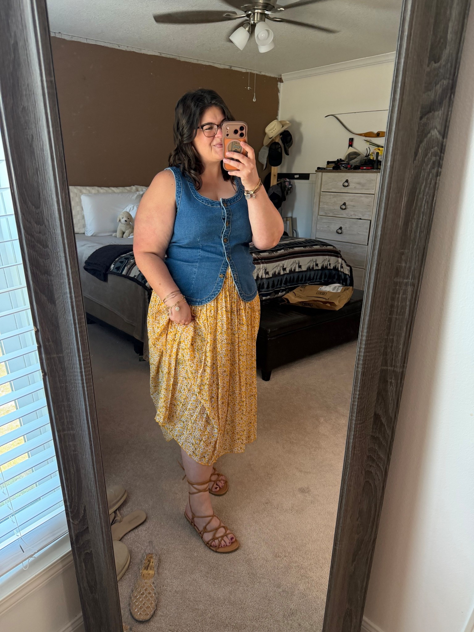 Don’t mind the other shoes just wanted to show you this gorgeous summer fit! 

The bold yellow Aline skirt works beautifully paired with the darker denim vest. And the strappy sandals? Perfect for a spring outing or summer date night 💛 

I’m in the large for both! 

#LTKMidsize #LTKgrwm #LTKootd