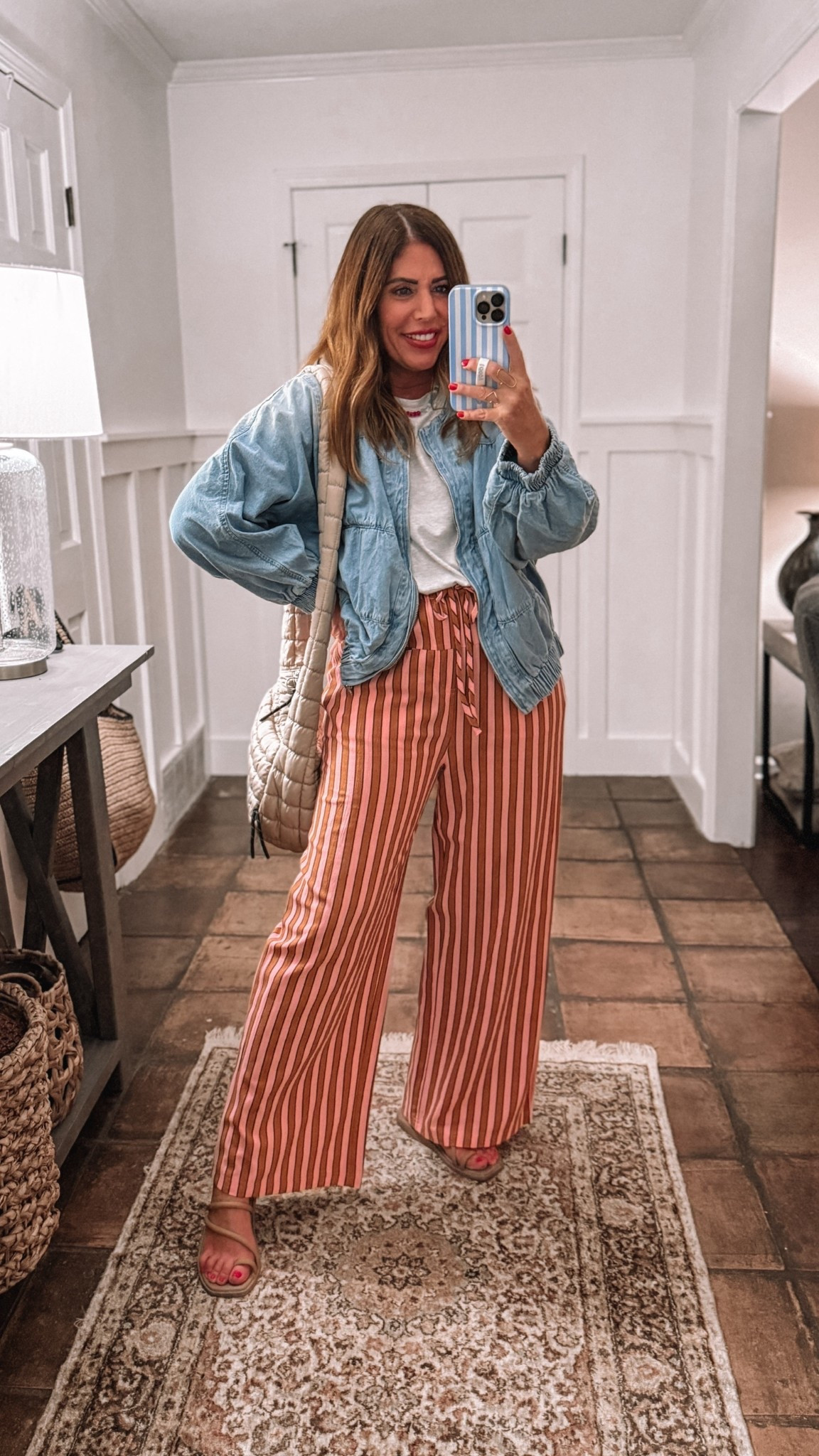 Amazon look for less outfit you can wear now & later❤️

My favorite look for less striped pants that are identical to the free people Hudson Canyon stripe. They are 100% cotton and they come in several colors. I have three different colors and this rust/pink combo is one of my favorites. They are so comfy you can style them so many different ways. I’m wearing my true size medium.

This cropped tee is one of my favorites. It is a look for less that is just like the free people inspire tees. It is 95% cotton/5% spandex. I’m wearing my true size medium. 

Look for less denim jacket is just like the free people Layla jacket. it’s under $40 vs. $148 
Great quality & mostly cotton blend. I’m wearing a large for a true oversized fit!


#LTKmomlife #LTKMidsize #LTKOver40