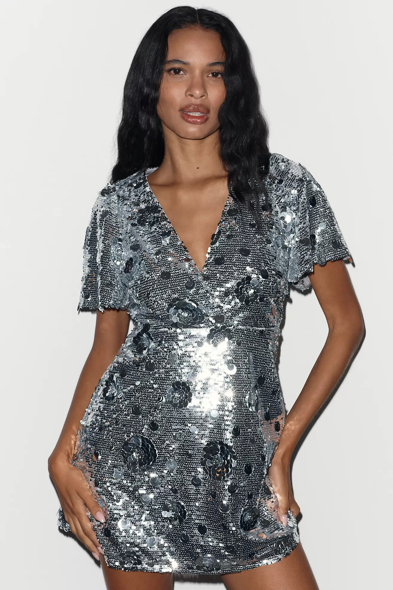 Arose Studio Short-Sleeve V-Neck Sequin Mini Dress | Anthropologie (US)
