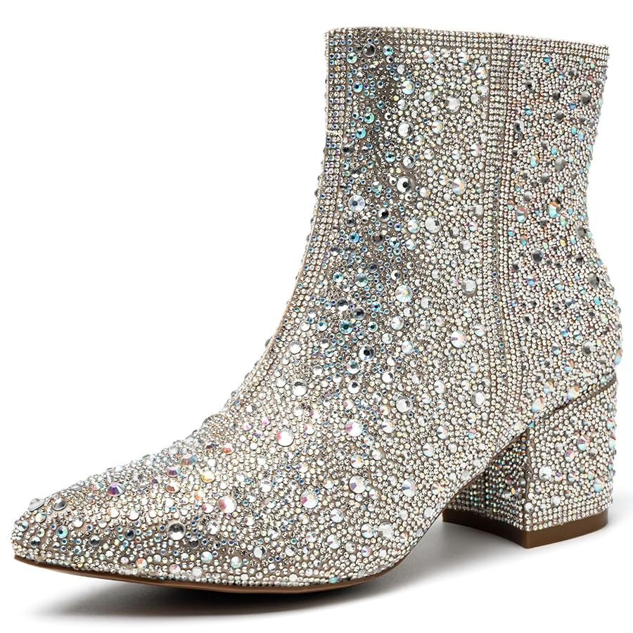 YAYONE Rhinestone Zipper Sparkly Ankle Boots - Glitter Pointed Toe Fashion Comfortable Shoes, Pul... | Amazon (US)