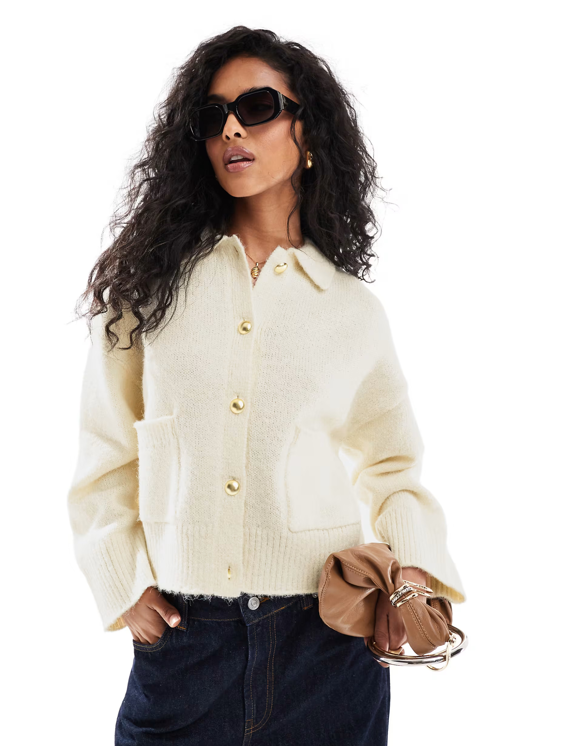 ASOS DESIGN cardigan with fly collar and pocket detail in cream | ASOS | ASOS (Global)