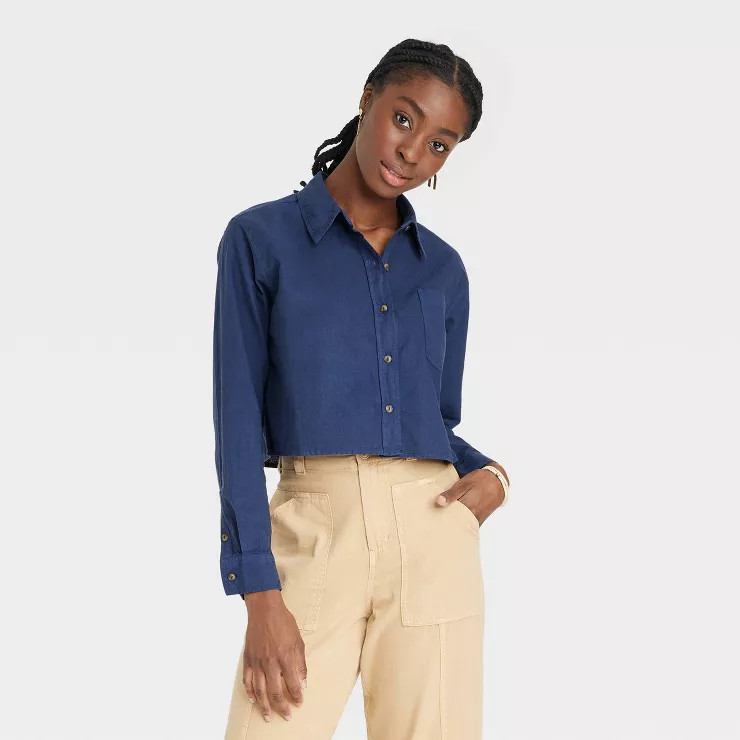 Women's Long Sleeve Button-Down Cropped Shirt - Universal Thread™ | Target