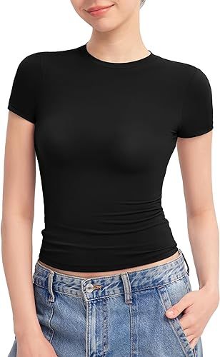 PUMIEY Women's Crew Neck Short Sleeve Tops Double Lined Slim Fit T Shirts Basic Tee Smoke Cloud P... | Amazon (US)