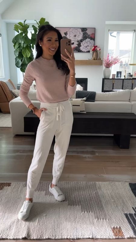 Early Spring casual outfit today with cashmere pink sweater in size XS paired with cream sweatpants joggers in size XS. Linking similar sweaters and bottoms! I love that it keeps me warm without being too thick  

#LTKstyletip #LTKSeasonal