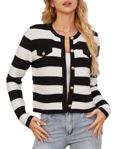 Women Striped Cardigans Summer Lightweight Cardigan Sweaters Button Down Lady Jackets Black White Stripe M | Amazon (US)