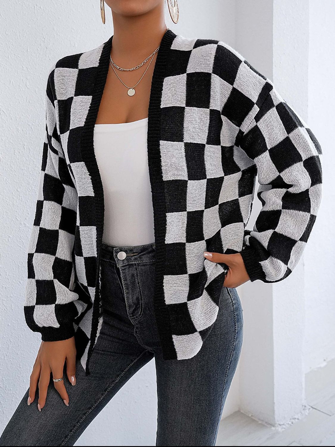 Checkered Open Front Long Sleeve Cardigan Black/White / S | Casual Chic Boutique