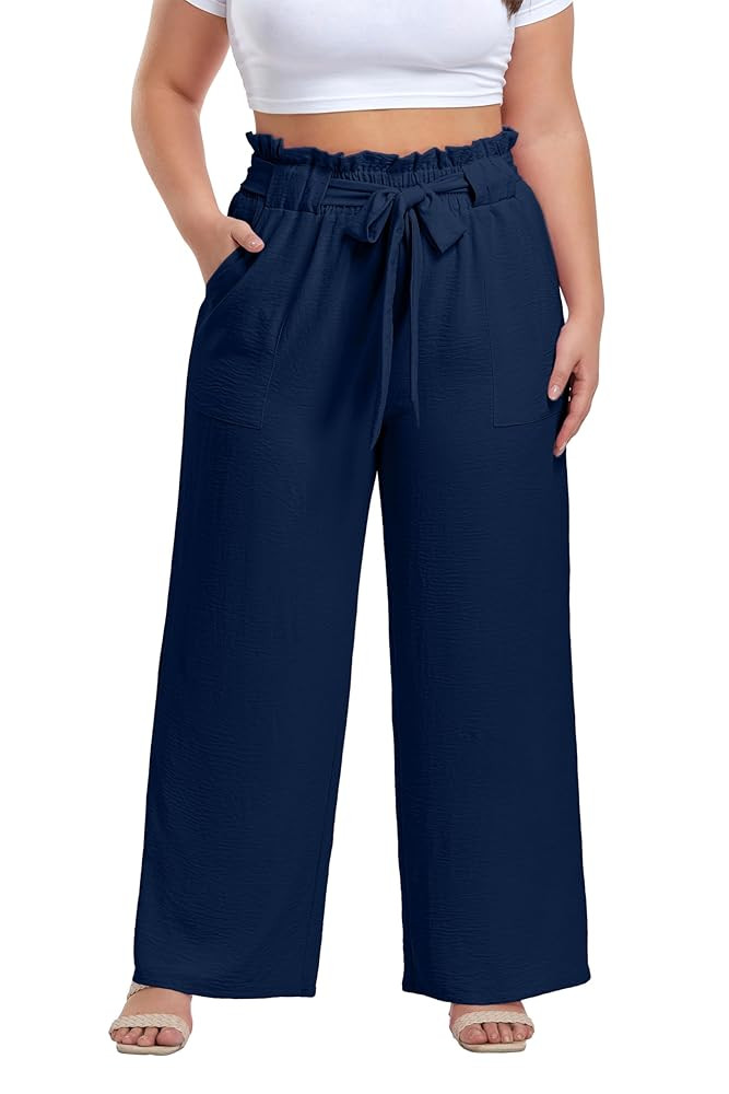 OLRIK Women's Plus Size Pants Summer High Waisted Wide Leg Casual Trousers with Pockets Self-Tie ... | Amazon (US)