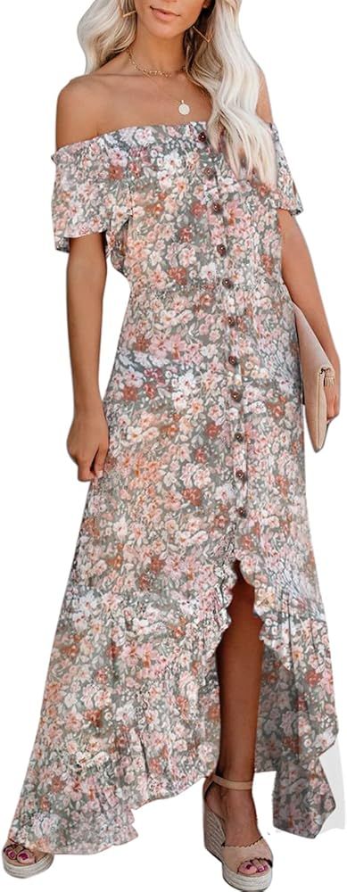 Happy Sailed Women Off Shoulder Casual Maxi Dresses Short Sleeve High Low Ruffle Bridesmaid Evening  | Amazon (US)
