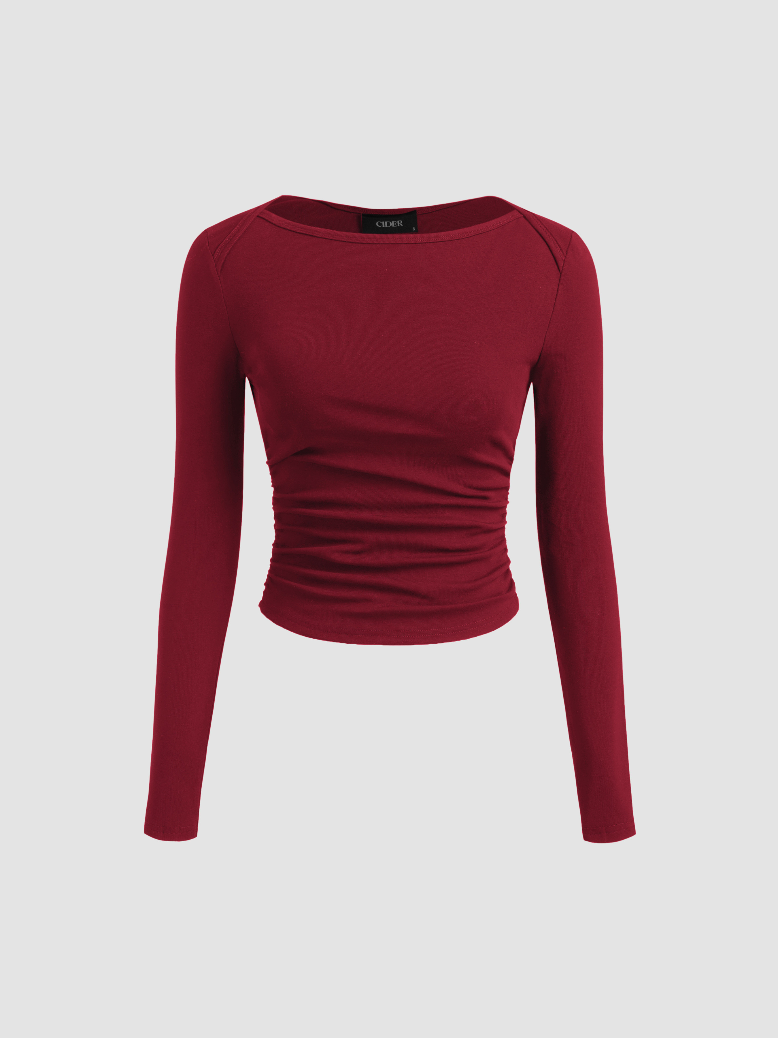 Basic & Thermal Knit Fabric Cotton Cotton-blend Boat Neck Solid Ruched Long Sleeve Tee For Daily ... | Cider