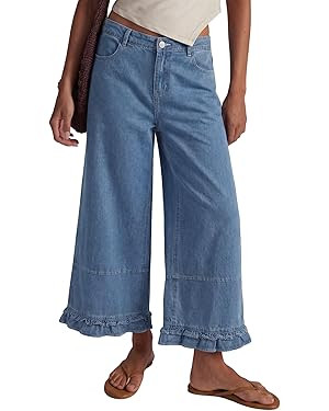 EVALESS Womens Wide Leg Jeans 2026 Trendy Mid-Rise Cropped Baggy Jeans Loose Fit Cute Ruffle Hem ... | Amazon (US)