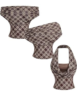 SHENHE Women's Y2K Tartan Plaid Off The Shoulder Tops Ruched Draped Backless Halter Tops | Amazon (US)