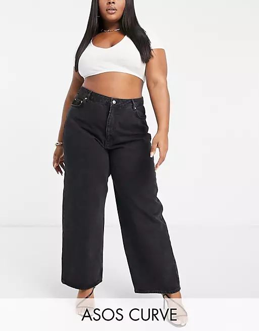 ASOS DESIGN Curve High rise 'relaxed' dad jeans in washed black | ASOS (Global)