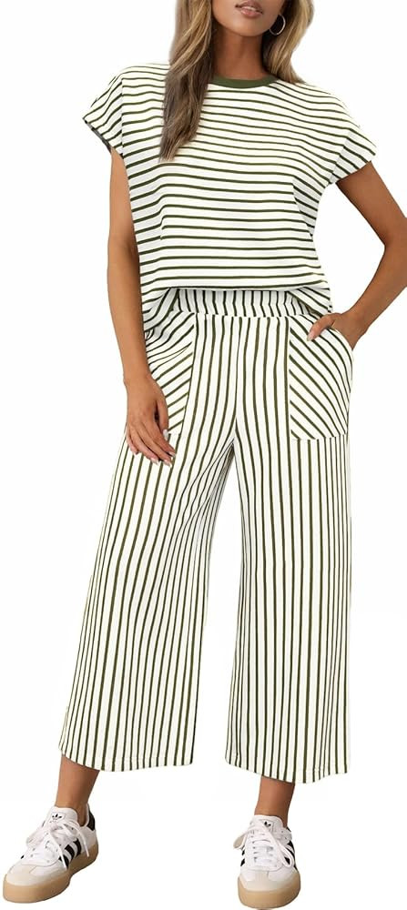 2 Piece Sets for Women Summer Outfits Short Sleeve Top Wide Leg Crop Pants Womens Matching Sets f... | Amazon (US)