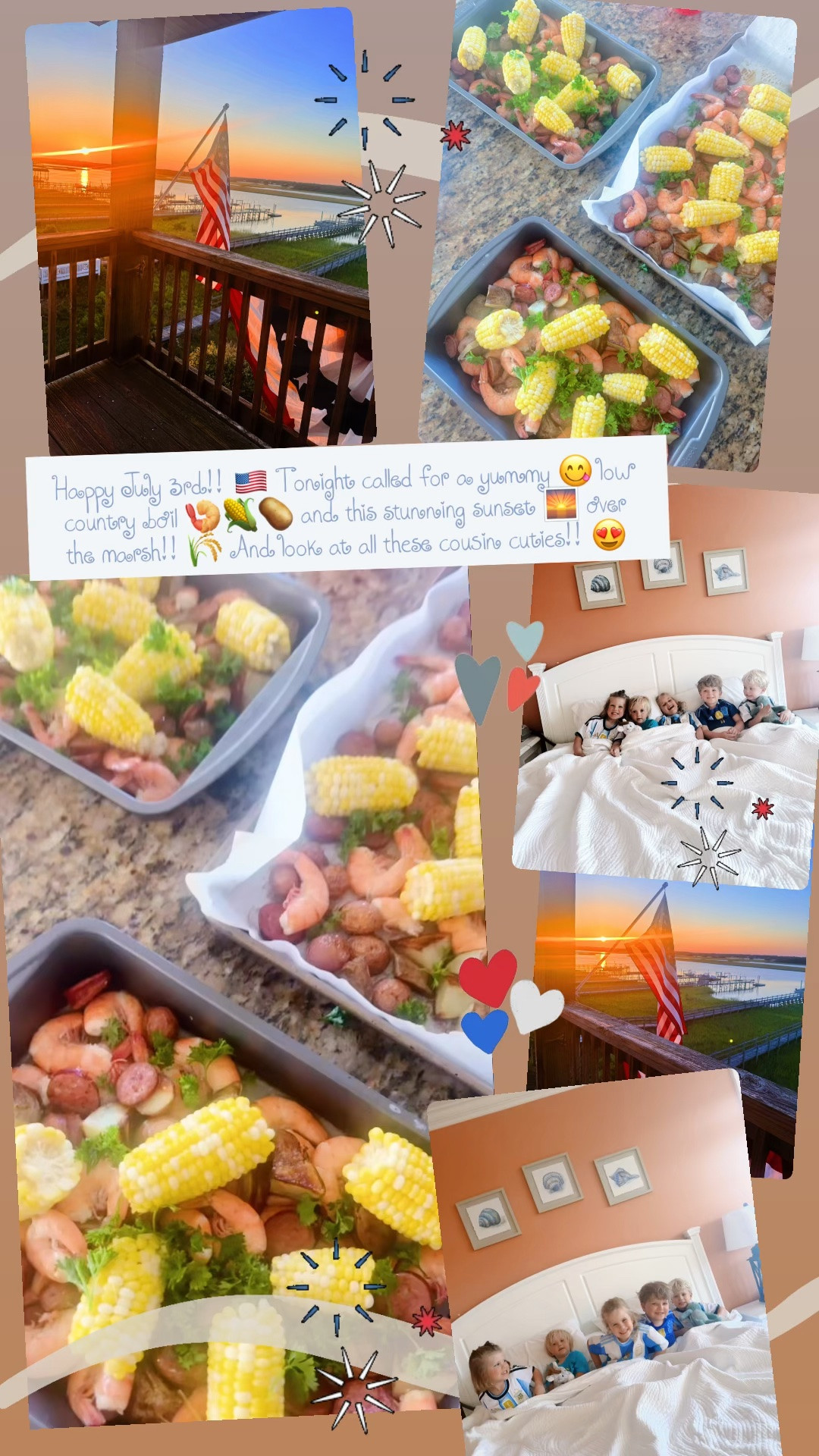 Happy July 3rd!! 🇺🇸 Tonight called for a yummy 😋 low country boil 🍤🌽🥔 and this stunning sunset 🌅 over the marsh!! 🌾 And look at all these cousin cuties!! 😍
