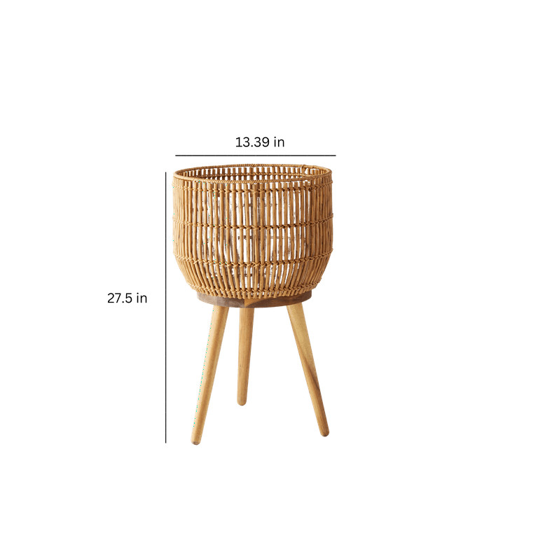 Better Homes & Gardens 13 Inch Round Brown Resin Rattan Planter & Stand with Acacia Wood Legs | Walmart (US)