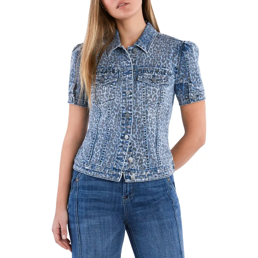 Wash Lab Denim Puff Sleeve Denim Jacket in Denim Leopard at Nordstrom, Size X-Large | Nordstrom