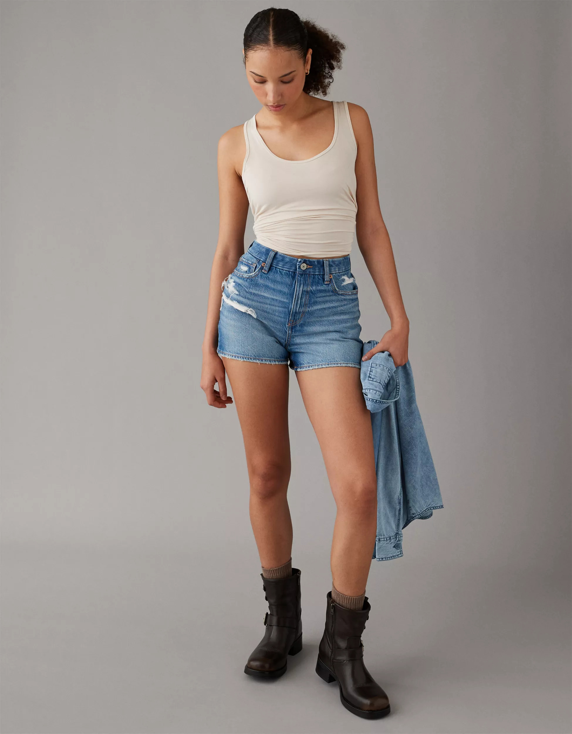 AE Strigid Curvy Ripped Denim Mom Short | American Eagle Outfitters (US & CA)