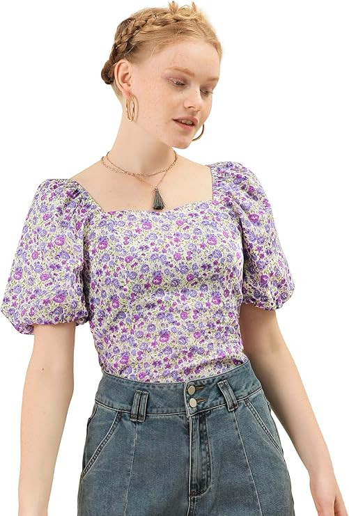 Allegra K Women's Puff Sleeve Square Neck Peasant Floral Blouse Top | Amazon (US)