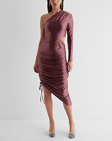 Satin One Shoulder Ruched Cutout Midi Sheath Dress | Express