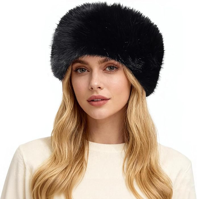 HH HOFNEN Faux Fur Headband for Women Winter Fur Hat with Stretch Ear Warmer Earmuff Black | Amazon (US)
