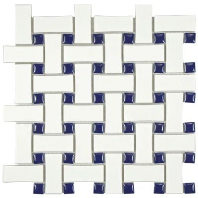 Retro Basket Weave Random Sized Porcelain Mosaic Tile in White and Cobalt | Wayfair North America