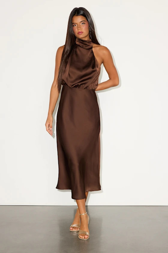 Distinctive Brown Satin Asymmetrical Midi Dress | Lulus
