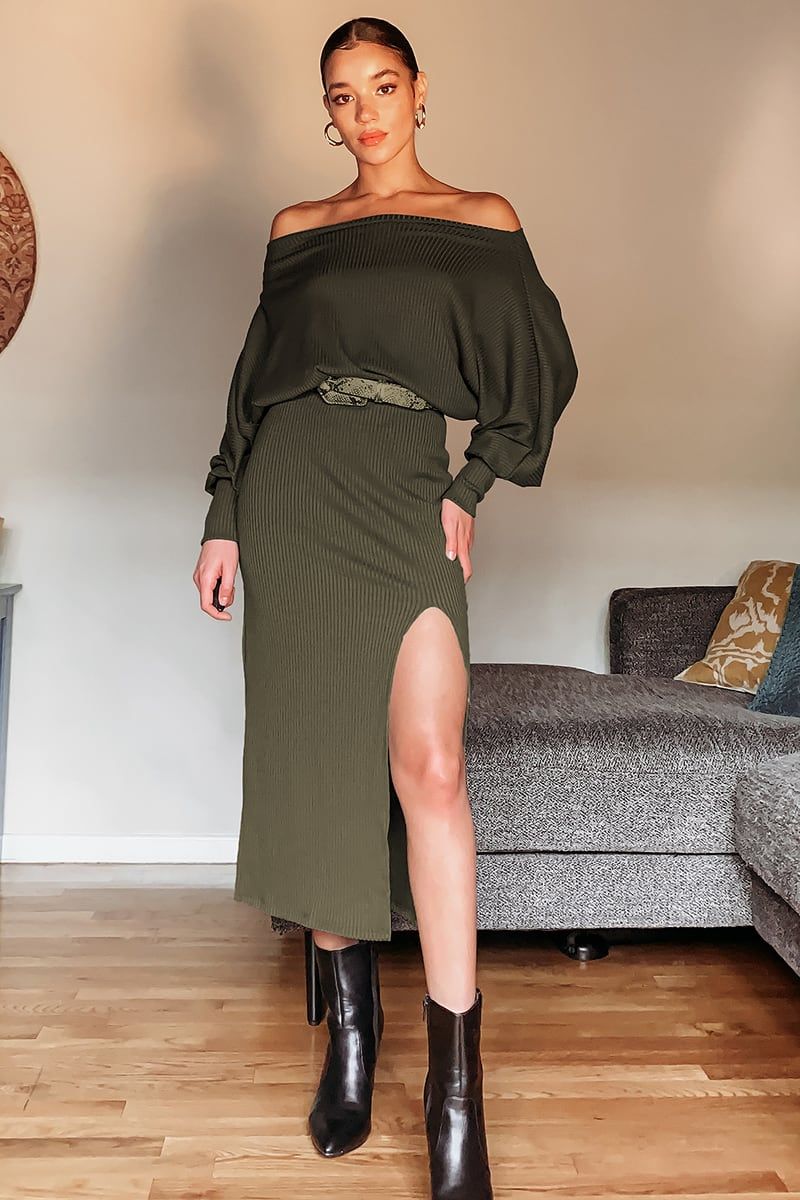 City Street Chic Olive Green Off-the-Shoulder Midi Dress | Lulus (US)