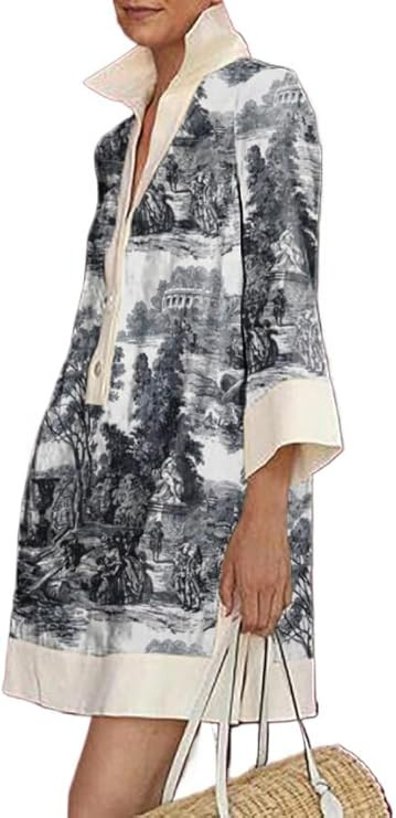 UOOZEE Summer Dresses for Women Casual Shirt Dress 3/4 Quarter Long Sleeve Printed Work Dress | Amazon (US)