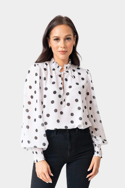 Long Sleeve Chiffon Blouse with Smocked Open Neck | Gibson