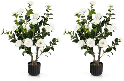 Goplus 38’’ Artificial Camellia Tree, 2 Pack Flower Plants Artificial Tree, Faux Floral Plant... | Amazon (US)