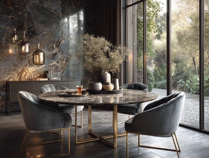 A modern dining moment with soft grey velvet chairs and sleek gold accents paired with a striking black marble dining table. This combination creates a luxurious, sculptural look that feels both contemporary and timeless. Perfect for elevating any dining space with rich textures, warm metallics, and a polished, high-end feel. #greydiningchairs #marblediningtable #goldaccents #luxurydiningroom #moderndecor #elegantanddriven 

 #LTKHome