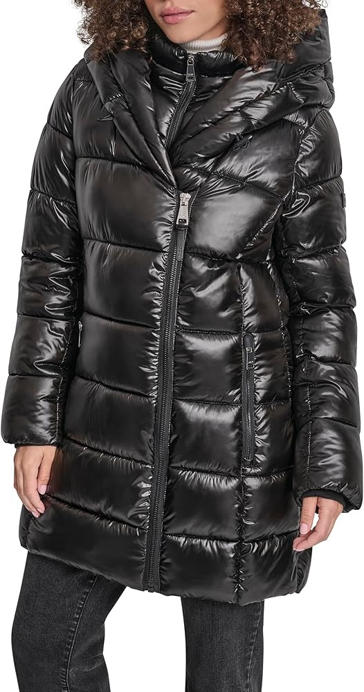 DKNY womens Shine Puffer Coat With Bib and Asymmetrical Zipper Front – Winter Jacket | Amazon (US)