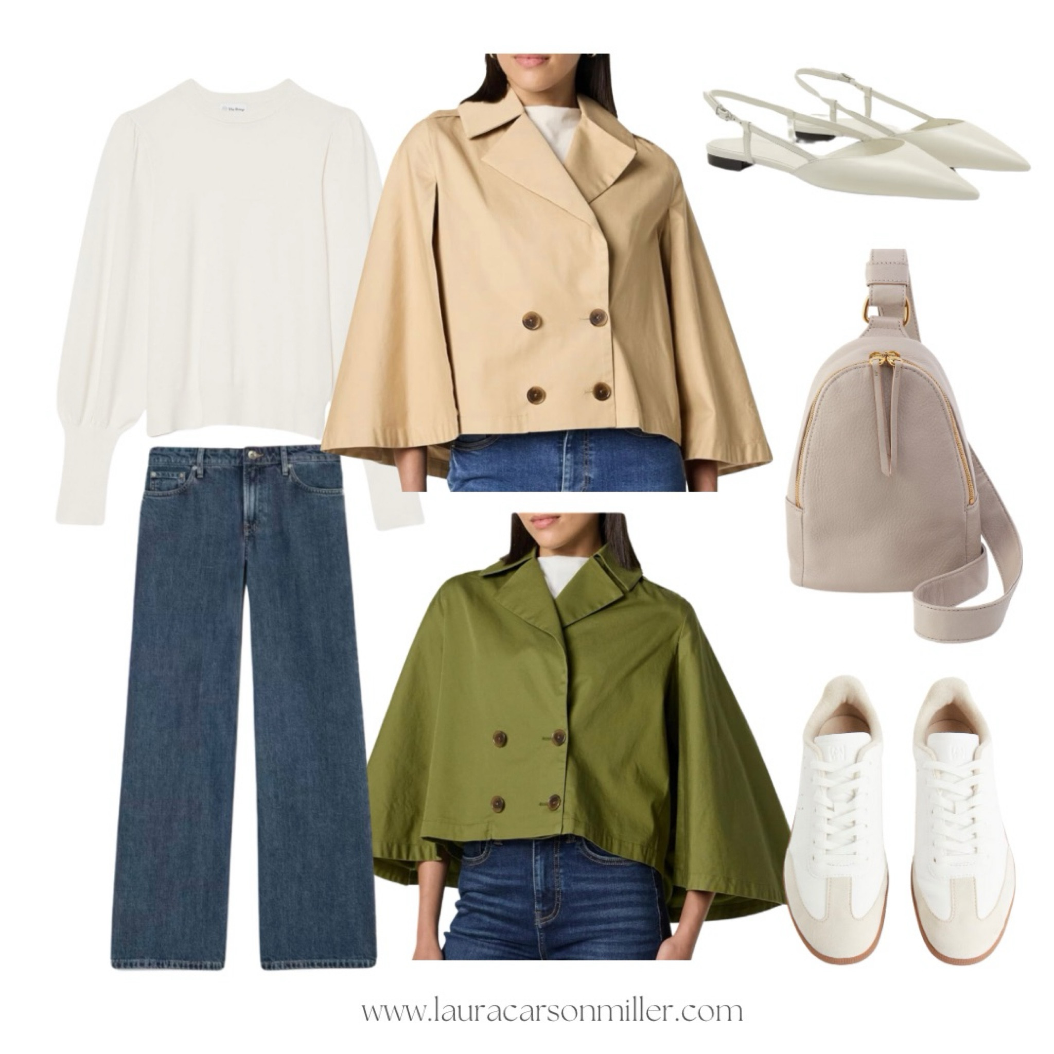 This cropped trench cape is uniquely fun and casually chic. It’s available in khaki or this cool shade of green. 
Laura carson miller, cropped trench, cape, green, khaki, trending, outfit ideas, spring, sneakers, flats, slingbacks, sling bag, capsule wardrobe, petite, mid size, plus size, your style your way, casual style, jeans, sweater

#LTKSpring #LTKFindsUnder50 #LTKFindsUnder100