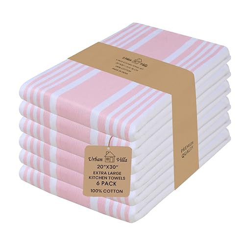 Urban Villa Kitchen Towels 100% Cotton Dish Towels for Kitchen (Set of 6) 20”x30” Dish Cloths Highly Absorbent Kitchen Linen Set with Hanging Loop Perfect for Drying Dishes Cleaning Towels-Pink White | Amazon (US)
