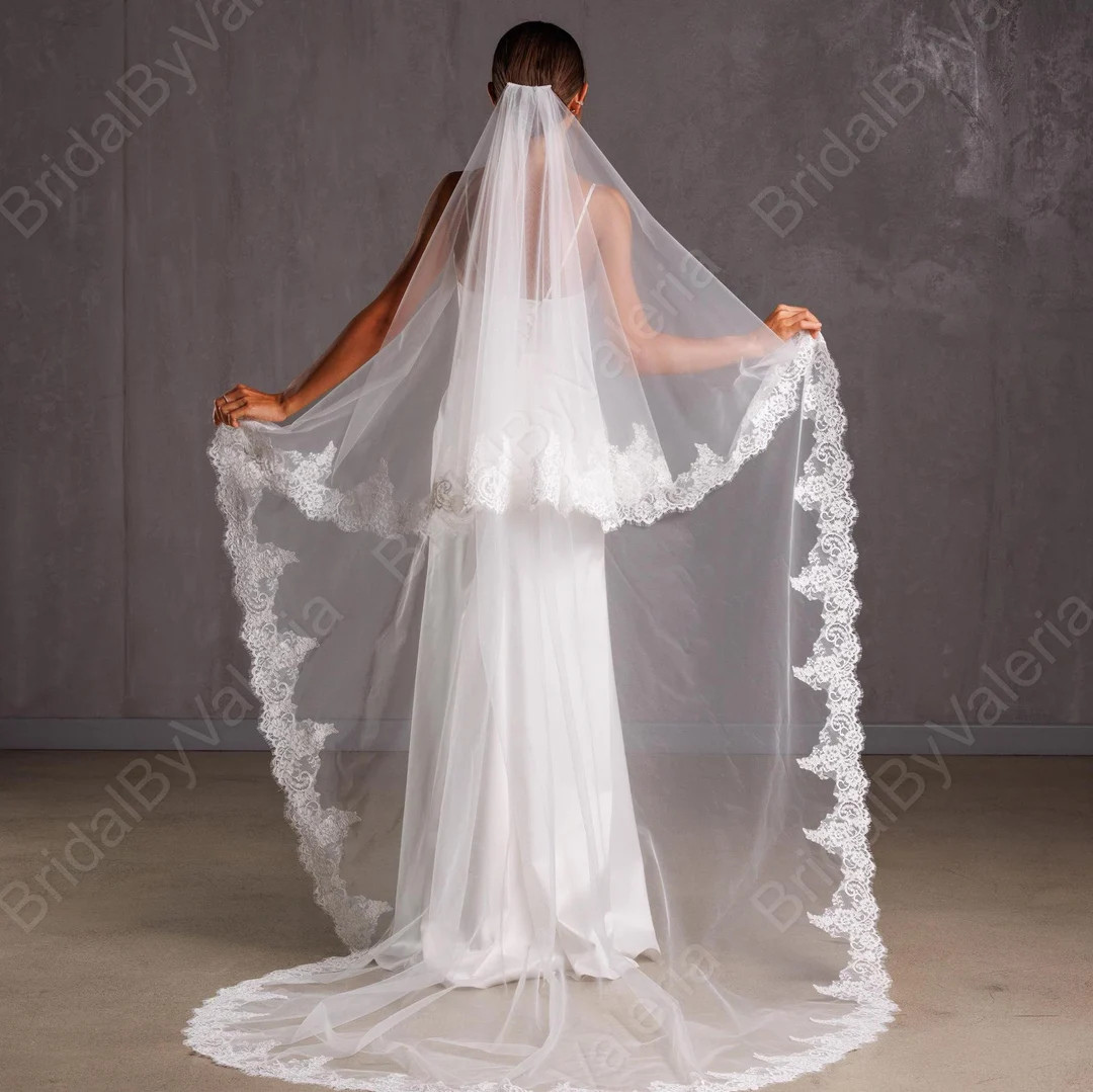 Cathedral Wedding Veil Lace Wedding Veil Lace Trim Bridal Veil 2 Tires Fingertip Double Tiers Vei... | Etsy (US)