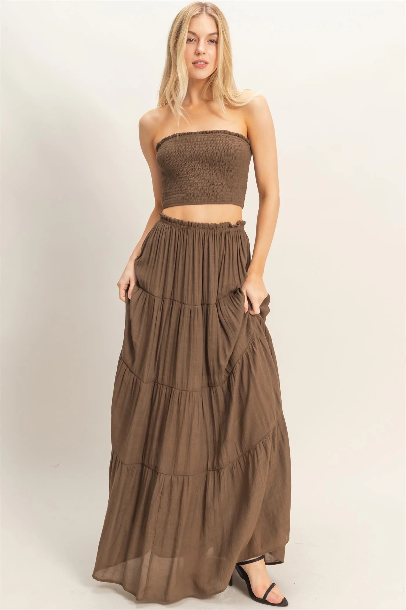 Chocolate Smocked Tube Top Tiered Skirt Set | PinkBlush Maternity