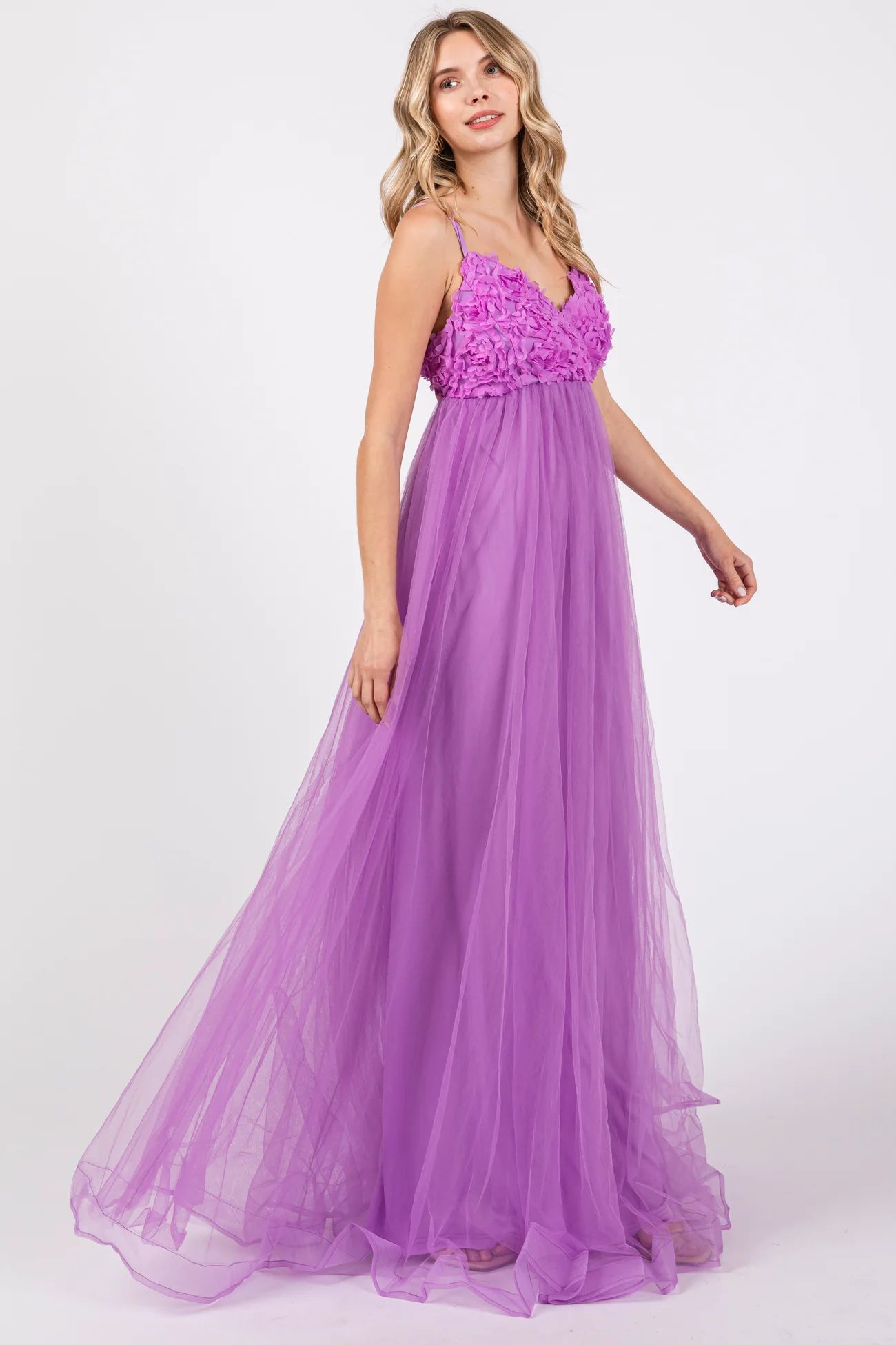 Purple Floral Applique Lace-Up Back Tulle Maternity Maxi Dress | PinkBlush Maternity