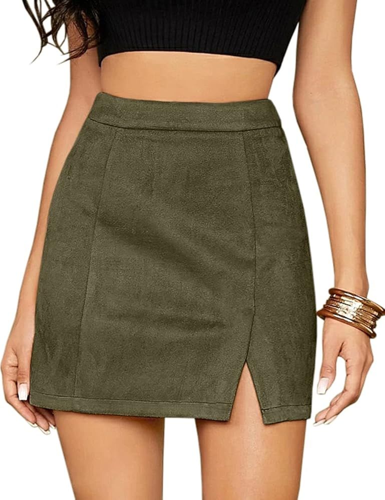 Mulisky Skirts for Women, Faux Suede High Waist Side Split Zipper Mini Skirts | Amazon (US)