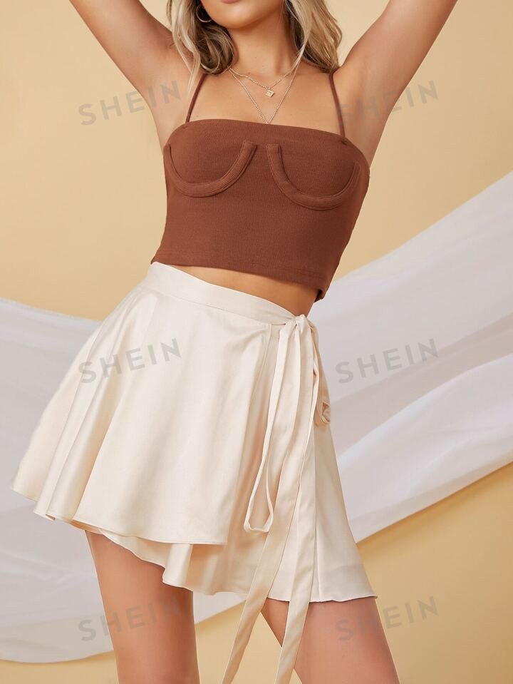SHEIN BAE Satin Self-Tie Mini Wrap Skirt | SHEIN