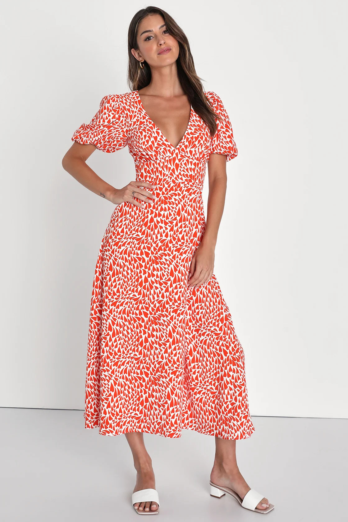 Love Is In The Flair Red Orange Print Midi Dress | Lulus (US)
