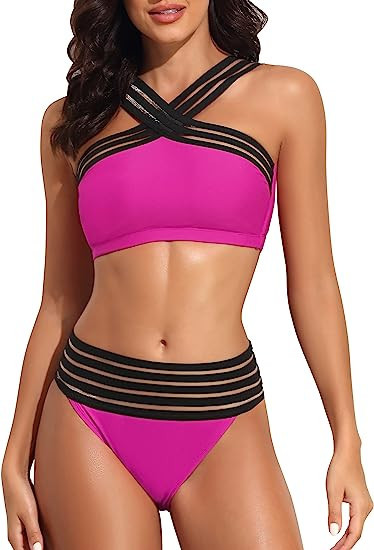 Hilor Women's Two Piece Bathing Suits Front Crossover Swimsuits Sexy Stripe Hollow High Waisted B... | Amazon (US)