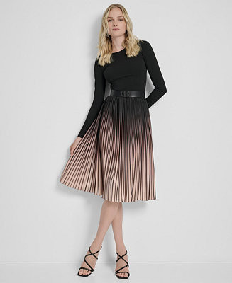 Women's Ombré Sunburst Pleat-Skirt Long-Sleeve Midi Dress | Macy's