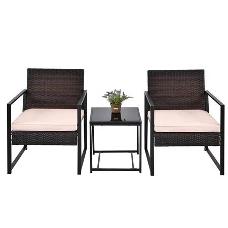 wowspeed 3 Piece Patio Furniture Rattan Bistro Chairs Set of 2 with Table, White Cushions | Walmart (US)