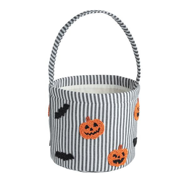 Mud Pie Jack-O-Lantern Beaded Halloween Bucket in Black | 100% Cotton | Mud Pie