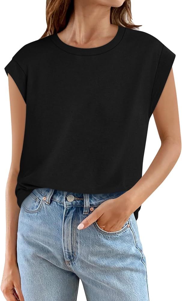 Yousify Womens Tops Cap Sleeve Casual Loose Fit Shirts Summer Crew Neck Solid Short Basic Tees | Amazon (US)