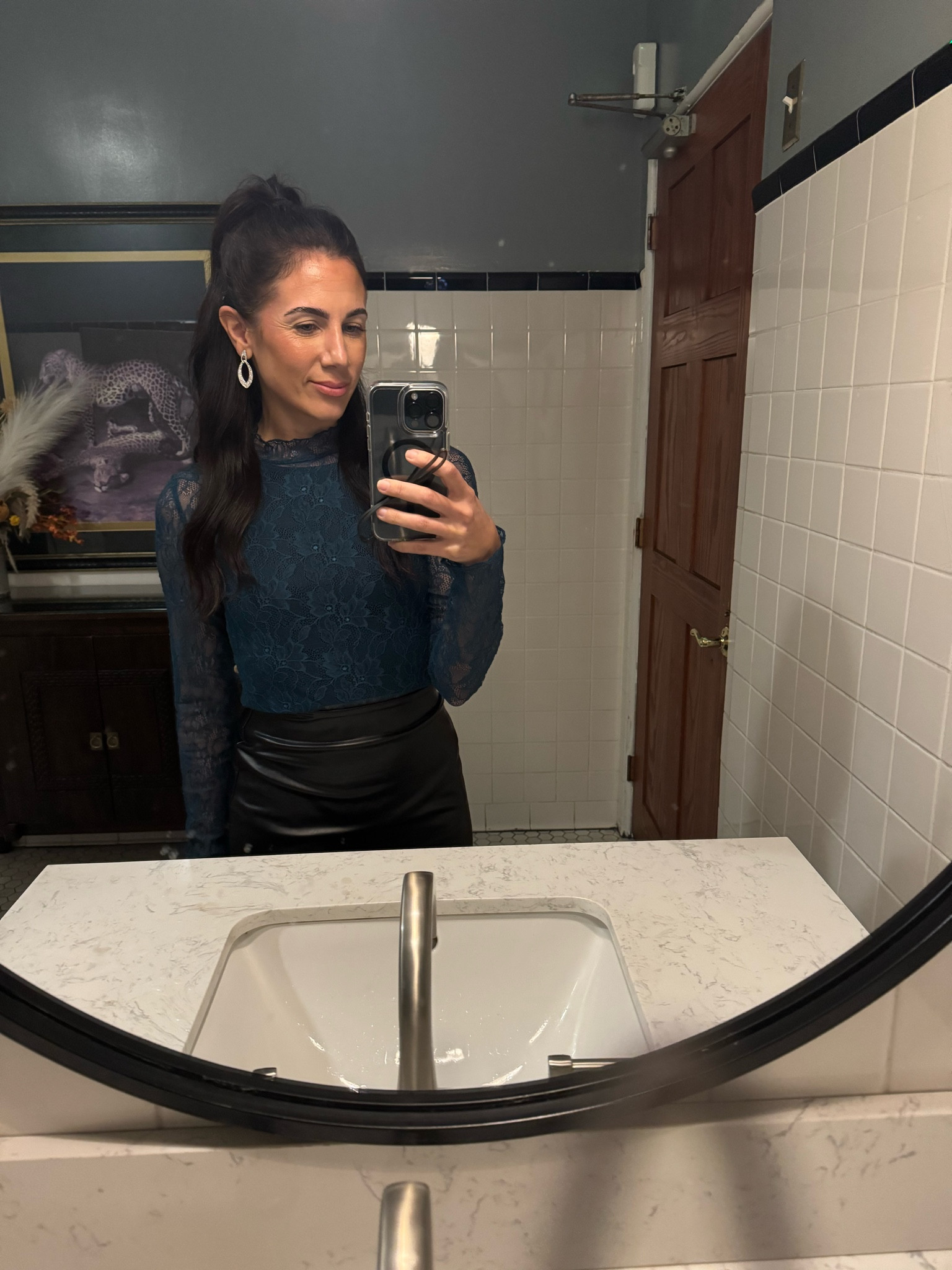 Beautiful long sleeve lace top with mock neck from Anthropologie in size XS regular. I bought it in black, white, and this gorgeous turquoise! I dressed it up with a black pleather skirt for date night in St. Augustine.

#LTKFindsUnder50 #LTKSaleAlert #LTKHoliday