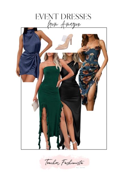 Event dresses / wedding guest dresses / cocktail dresses / evening dresses 

All come in more colors!
Sizing:
• Short Navy: fits TTS, I got a S
• Floral: I got a S and a M and stuck with the M because it was more comfortable on my chest— S was right there but fine everywhere else. 
• Green Ruffle: fun style! I sized up to a M and loved it— my fav!
• Long black: Runs suuuuper tight IMO. Small barely went on. Size M was much better. I wish it was longer. I’m 5’5” and it did not touch the floor.


#ltkwedding #ltkseasonal  

#LTKparties #LTKsalealert #LTKfindsunder100